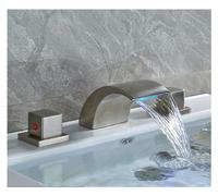 1PCS Crystal Handle Waterfall Spout Wide Basin Double Handle Three Hole Countertop Mount Basin Mixer(Nickel B LED)