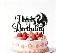 1PCS Dragon Happy Birthday Cake Topper, Level Up Birthday Cake Topper, Funny Fantasy Bday Dragon Fire Cake Decoration for Party Black Glitter