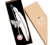 1pcs Feather Bookmark,Elegant Vintage Handmade Bookmark with 3D Butterfly Charm Creative Stationery for Reading Enthusiasts,Teacher Gifts for Women Craft Keepsake. (Pink)