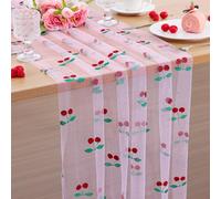 1Pcs Glitter Cherry Spring Summer Table Runner 10ft Fruit Seasonal Tulle Table Runner for Tea Party Holiday Birthday Home Garden Decoration Pink