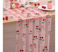 1Pcs Glitter Cherry Spring Summer Table Runner 10ft Fruit Seasonal Tulle Table Runner for Tea Party Holiday Birthday Home Garden Decoration Red