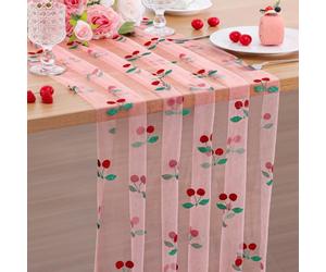 1Pcs Glitter Cherry Spring Summer Table Runner 10ft Fruit Seasonal Tulle Table Runner for Tea Party Holiday Birthday Home Garden Decoration Red