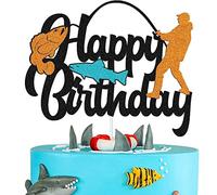 1Pcs Glitter Fish Cake Topper Gone Fishing Cake Decoration Fishermen Themed Happy Birthday Cake Decoration for Man Boy Kids Children Birthday Party Supplies