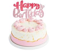 1PCS Glitter Happy Birthday Cake Toppers Pink Birthday Cake Decorations for Celebrating Baby Shower Theme Kids Boys Girls Anniversary Party Supplies Rose Red