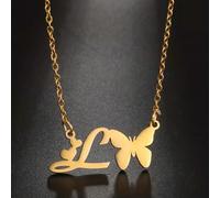 1pcs Gold Stainless Steel Butterfly Initial A-Z Letters Pendant Chain Necklace -LETTER L