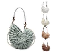 1Pcs Handwoven Seashell Crossbody Bag for Women Bohemian Shell Purse with Pearl Strap & Leather Handle Crochet Summer Beach Bag (Bkb-01-Green)