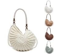 1Pcs Handwoven Seashell Crossbody Bag for Women Bohemian Shell Purse with Pearl Strap & Leather Handle Crochet Summer Beach Bag (Bkb-01-Beige)