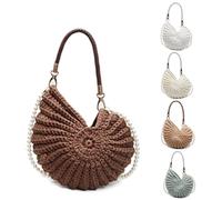 1Pcs Handwoven Seashell Crossbody Bag for Women Bohemian Shell Purse with Pearl Strap & Leather Handle Crochet Summer Beach Bag (Bkb-01-Coffee)