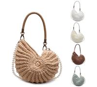 1Pcs Handwoven Seashell Crossbody Bag for Women Bohemian Shell Purse with Pearl Strap & Leather Handle Crochet Summer Beach Bag (Bkb-01-Khaki)
