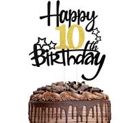 1PCS Happy 10th Birthday Cake Topper Black Gold Glitter Cake Toppers Cheers to 10 Years Birthday Decorations Gifts for Him Her