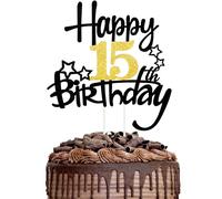 1PCS Happy 15th Birthday Cake Topper Black Gold Glitter Cake Toppers Cheers to 15 Years Birthday Decorations Gifts for Him Her