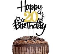 1PCS Happy 20th Birthday Cake Topper Black Gold Glitter Cake Toppers Cheers to 20 Years Birthday Decorations Gifts for Him Her