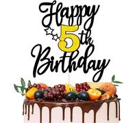 1PCS Happy 5th Birthday Cake Topper Black Gold Stars Cake Toppers Cheers to 5 Years Birthday Decorations for Him Her