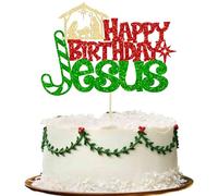 1Pcs Happy Birthday Jesus Cake Topper Glitter Jesus Birthday Cake Pick Merry Christmas Cake Decorations for Nativity Scene Christmas Birthday Party Supplies Red Green