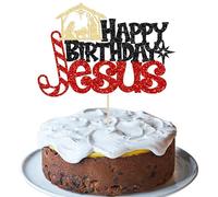 1Pcs Happy Birthday Jesus Cake Topper Glitter Merry Christmas Nativity Jesus Birthday Cake Pick for Nativity Scene Theme Christmas Jesus Birthday Party Cake Decorations Supplies Black Red