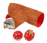 1pcs Hedgehog Hideout Tunnels with 2pcs Bell Ball Toys, Hedgehog Tunnel with Toys for Hedgehogs, Small Animal Tunnels Tubes Toy for Rat Hamster Guinea Pig Bunny, Hedgehogs Accessories (Brown Tunnel)