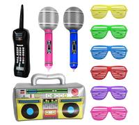 1PCS Inflatable Radio +1PCS Inflatable Retro Mobile Phone +2PCS Inflatable Microphone+6 PCS Blinds Party Glasses，80s 90s Inflatable Party Props Decoration Disco Rapper Beach Party Accessories