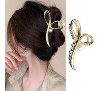 1Pcs Large Metal Hair Claw Clips Gold Bowknot Hair Clips for Women Hair Accessories Bow Pearls Clip Exquisite Design Strong Hold Hair Barrette for Long Thick Hair No Slips Jaw Clamp Clip Hair Styling