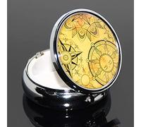 1PCS Portable Round Metal Pill Box Case Mini Medicine Tablet Organizer Container Holder for Pocket Purse Handbag Travel Gift - Compact 3 Compartments，Yellow Retro Sun Pattern