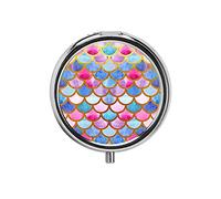 1PCS Portable Round Metal Pill Box Case Mini Medicine Tablet Organizer Container Holder for Pocket Purse Handbag Travel Gift - Compact 3 Compartments，Pink Blue Fish Scale Pattern