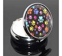 1PCS Portable Round Metal Pill Box Case Mini Medicine Tablet Organizer Container Holder for Pocket Purse Handbag Travel Gift - Compact 3 Compartments，Colorful Little Dog Footprints on Black