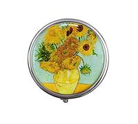 1PCS Portable Round Metal Pill Box Case Mini Medicine Tablet Organizer Container Holder for Pocket Purse Handbag Travel Gift - Compact 3 Compartments，Famous Painting Sunflower
