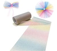 1pcs Rainbow Gradient Glitter Tulle Roll Fabric Ribbon Tulle Ribbon Roll for Table Sash Bow Pet Tutu Skirt Sewing Crafting Fabric Present DIY Wedding Party Birthday Festival Decor (6 Inches x10Yards)