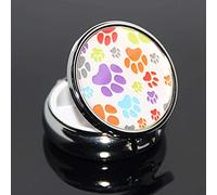 1PCS Round Mini Portabler Stainless Steel Pill Box Case Pocket 2 inches Medicine Tablet Holder Organizer Case for Purse -Compact 3 Compartment,Colorful Dog Footprints on White