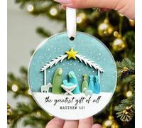 1Pcs Round Sea Glass Nativity Acrylic Ornament, Matthew 1:21 "Greatest Gift Christmas Manger Decor