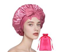 1Pcs Satin Bonnet, Silk Bonnet for Sleeping, Adjustable Hair Bonnet with Storage Pouch, Hair Bonnet with Tie Band for Curly Hair Braid Women Pink
