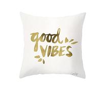 1Pcs Seat Cushion Cover 45x45cm, Grey Gold Pillowcase "Good Vibes" Polyester Cushion Covers for Living Room Sofa Bedroom
