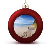 1PCS Shatterproof Christmas Ball Ornaments 3 Inch PC Plastic Xmas Tree Hanging Decor, Beach Scenery Ornaments with Festive Designs for Tree & Home Decor, Red-Style