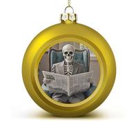 1PCS Shatterproof Christmas Ball Ornaments 3 Inch PC Plastic Xmas Tree Hanging Decor, Skeleton Reading Newspaper Ornaments with Festive Designs for Tree & Home Decor, Golden-Style