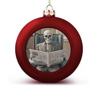 1PCS Shatterproof Christmas Ball Ornaments 3 Inch PC Plastic Xmas Tree Hanging Decor, Skeleton Reading Newspaper Ornaments with Festive Designs for Tree & Home Decor, Red-Style