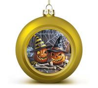 1PCS Shatterproof Christmas Ball Ornaments 3 Inch PC Plastic Xmas Tree Hanging Decor, Smiling Strange Pumpkin Ornaments with Festive Designs for Tree & Home Decor, Golden-Style