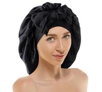 1Pcs Silk Bonnets for Sleeping Adjustable Elastic Band Sleeping Cap for Curly Long Hair Satin Night Sleeping Cap Reversible Long Satin Bonnet for Women Hair Bonnet with Tie Band (Black, 1Pcs)