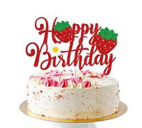 1pcs Strawberry Decorations Birthday Cake Topper for Women Girls, Red Glitter Happy Birthday Strawberry Cake Topper Kids Birthday Party Decorations Supplies