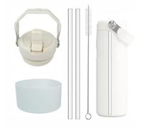 1pcs Tumbler Lid Replacement Fit for Stanley IceFlow Flip Straw 2.0 Water Bottle 24oz, Plus Protective Silicone Boot for Iceflow 24 OZ, with 2 Straw Replacement and 1 Cleaner Brush (Beige, 24oz)