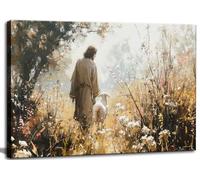 1Pcs Vintage Framed Jesus Lamb Paintings Canvas Wall Art Shepherd Flock Paintings Christian Wall Decor Modern Pictures Religious Art Print for Living Room Bedroom Decoration24x36in