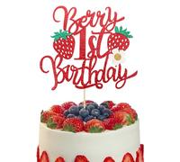 1pcs1st Birthday Cake Topper Double Glitter Strawberry Theme 1st Birthday Decorations Berry One Birthday Party Decorations for Strawberry Baby Shower 1st Birthday Party Cake Decorations