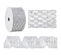 1Roll 2.5 Inch Glitter Diamond Mesh Wired Ribbon For Christmas Tree Gift Wrapping Crafts Bows Wreaths Garland Tree Topper Holiday Decor 10 Yards Glass Icicles Small (White, C)