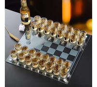(1set-chess) 1 Set Chess-Themed Drinking Game: 32 Acrylic Glass Shot Glasses, 14.11oz - Durable, Clear, Burr-Free Glasses for Party Bar Entertainment