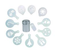 1Set Chocolate Shaker for Cappuccino with 11 Coffee Stencils, Icing Sugar Shaker Duster, Powder Shaker and Flour Shaker Accessories, Chocolate Powder Shaker for Latte Art & Baking