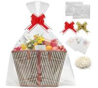 1Set Christmas Empty Hamper Basket Gift Baskets Woven Bamboo Basket with Bags, Pull Bows and Shredded Paper Gift Basket Hamper Kit for Birthday,Housewarming (Brown strip)