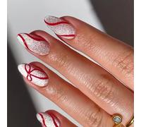 1Set Christmas White Short Oval False Nails Line Pattern For Holiday Parties And Special Event Easy Application Christmas Press On Nail