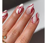 1Set Christmas White Short Oval False Nails Line Pattern For Holiday Parties And Special Event Festive Faux Nail