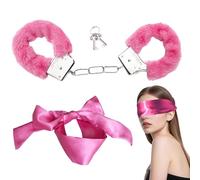 1Set Fluffy Handcuffs and Blind Folder Set with 2 Keys Durable Comfortable Cosplay Handcuffs Prop Dress Ball Party Satin Headband for Women for Sleeping Games Valentine's Gift