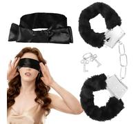 1Set Metal Handcuffs with 2 Keys Comfortable and Durable Fluffy Handcuffs Satin Eye Mask Handcuffs for Women Cosplay,Handcuffs Prop Dress Ball Party,Satin Headband for Sleeping Games,Valentine's Gift