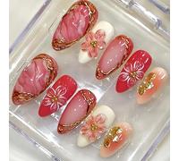 1Set Nails Art 3D Gold Lines and Milky Translucent Color Press Stick Nails for Comfortable Application in Multiple Sizes Reusable Stick on Nail