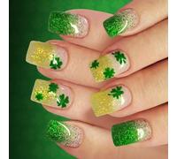 1Set Short Artificial Nails Easy Wear Sparkling Green French Tips Patrick Themed Multiple Size Glittering Gradient False Nails